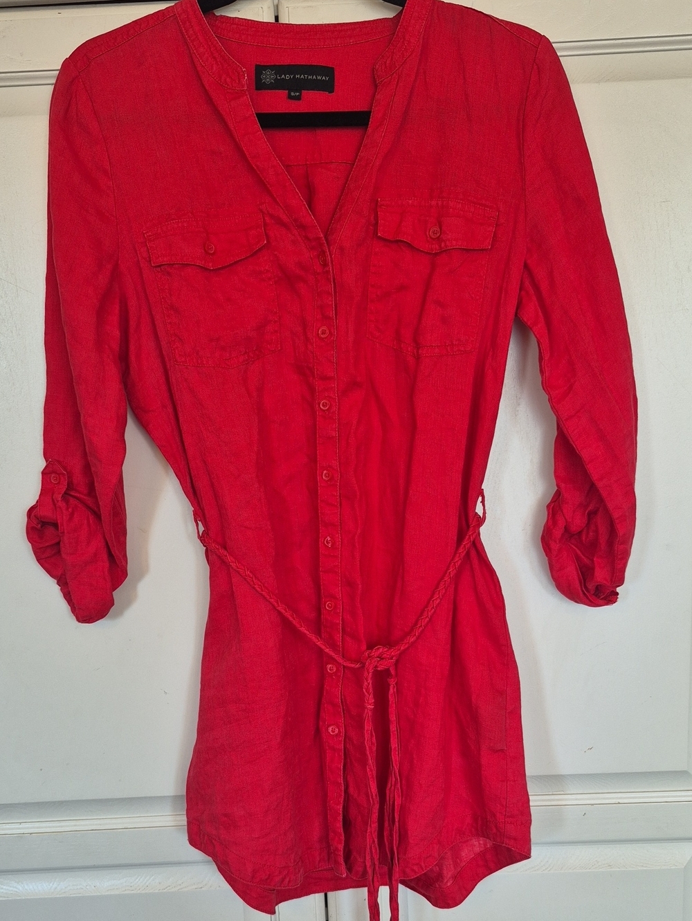 Lady Hathaway Bright Red Shirt Dress With Braided Tie 100% Linen